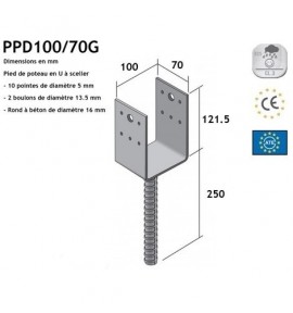 Pied de poteau en U avec tige 100X70 mm